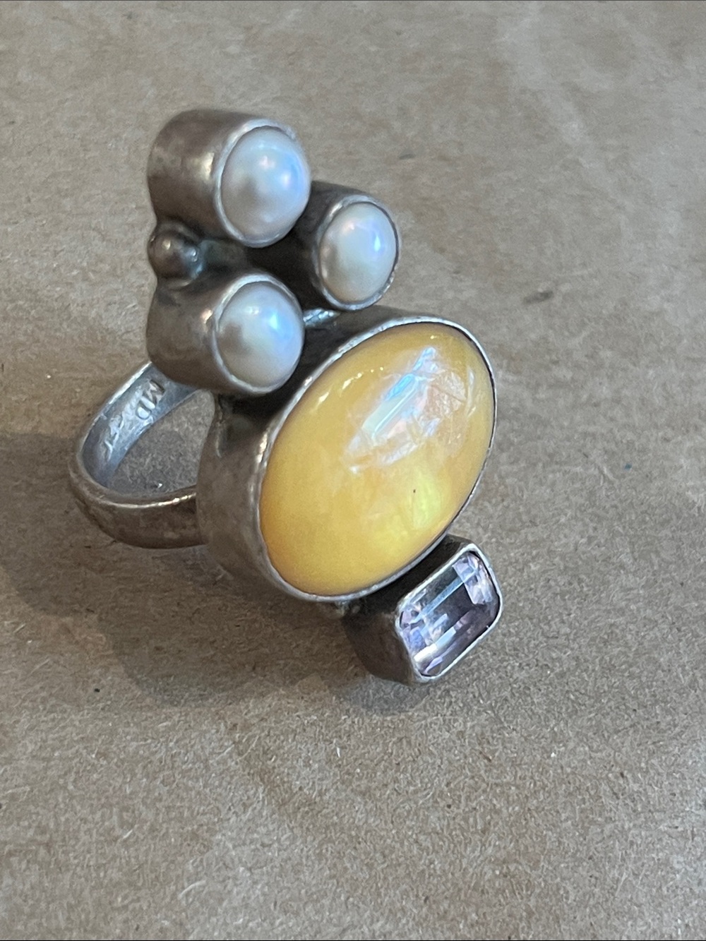 Sterling Silver vintage Yellowbaltic Amber  & Pearl  Ring Sz 7, marked